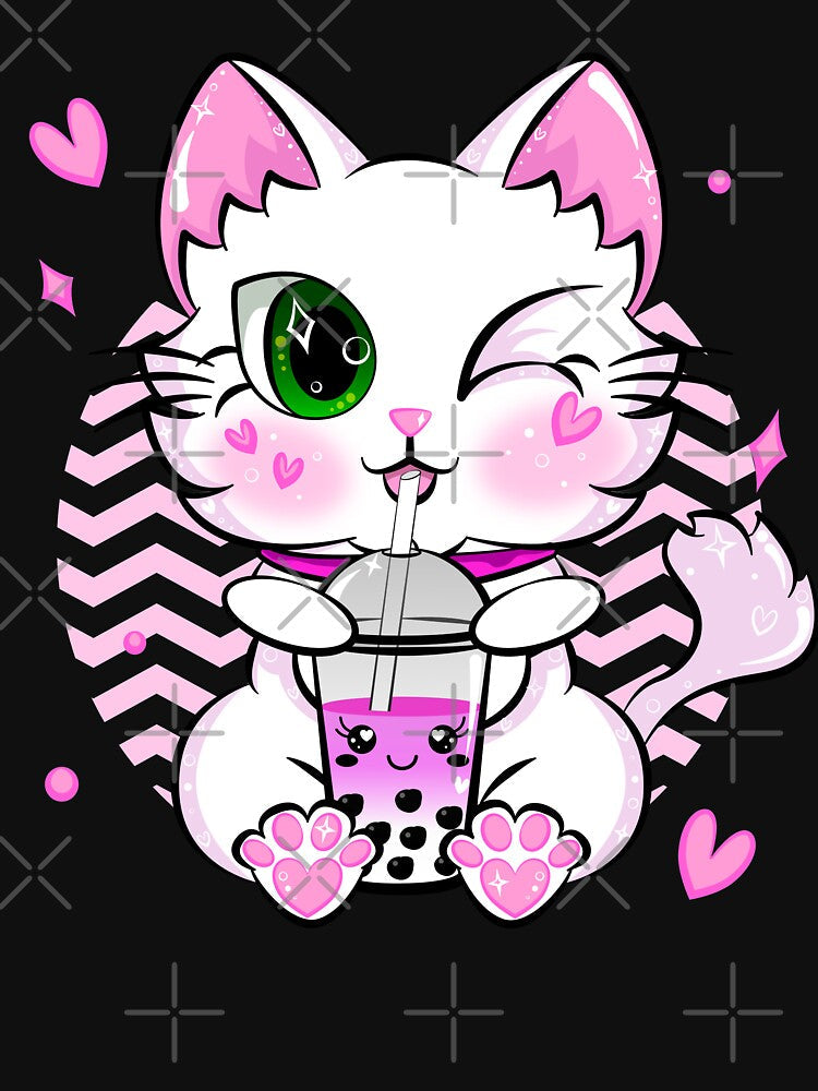 Kawaii Boba Tea Cat Bubble Retro Style Anime Strawberry by ZNOVANNA