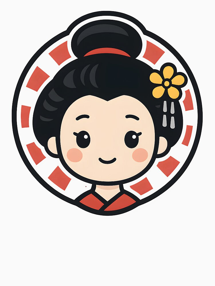 Kawaii Geisha with Yellow Flower and Red Sun | Japanese Art Illustration by OsasChild