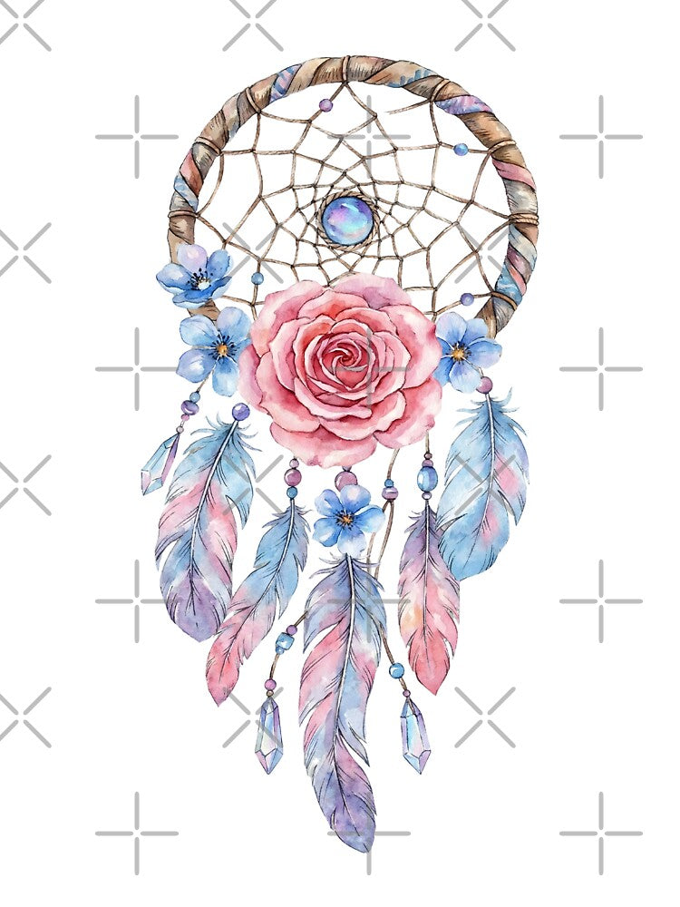 Boho Dreamcatcher Rose – Watercolor Floral Feather Art by Ahmed-G-Designs