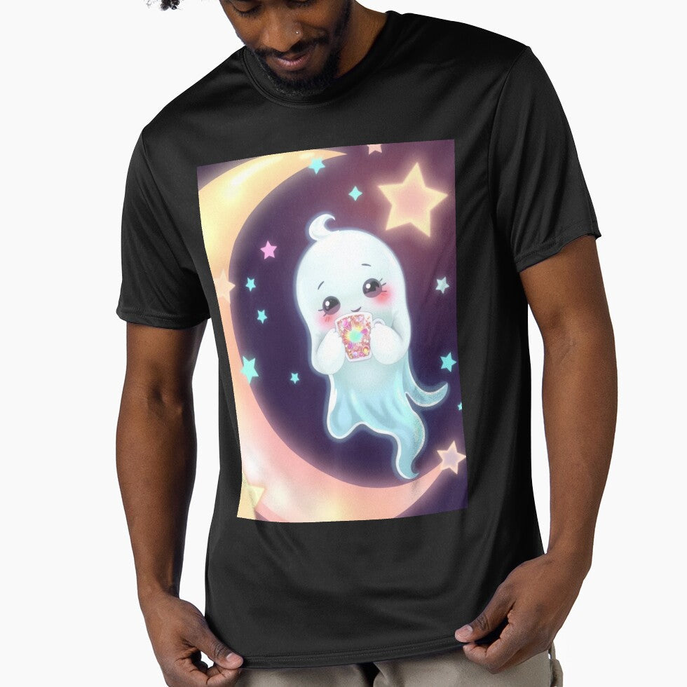 Sweet Spooky Kawaii Ghost on Crescent Moon by ArmaanArts