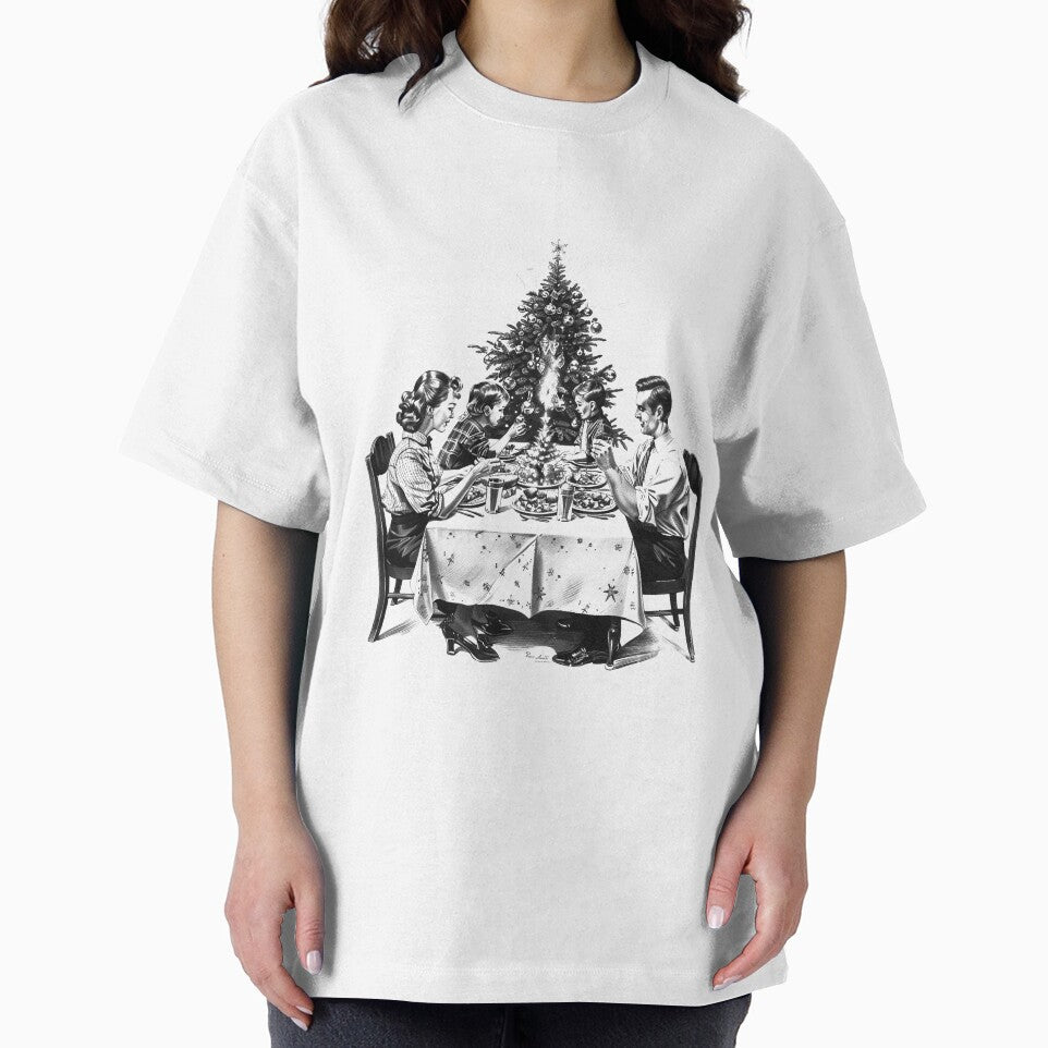 Vintage Family Christmas Dinner – Black and White Holiday Illustration by inkoutninja