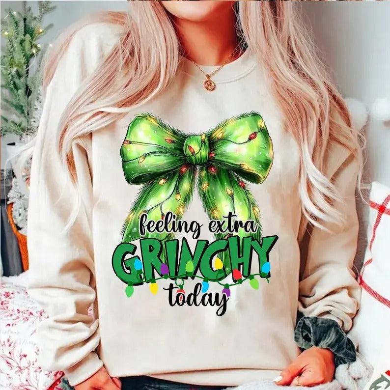 Feeling Extra Grinmas Today Grinchmas Coquette Bow Grinc Retro T-Shirts
